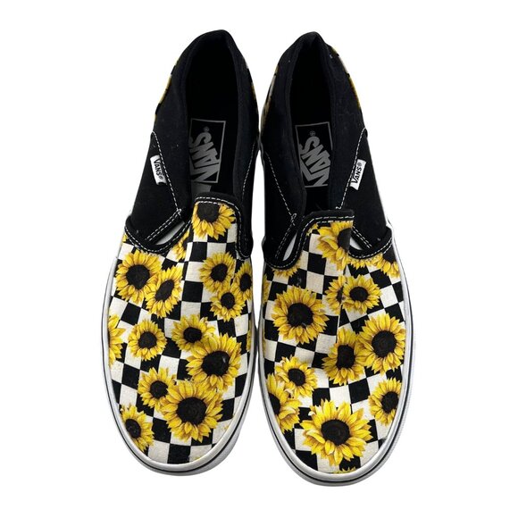 Vans Womens Sunflower Checkerboard Slip-On Shoes Size 9.5 Black & Yellow Canvas - Picture 2 of 7
